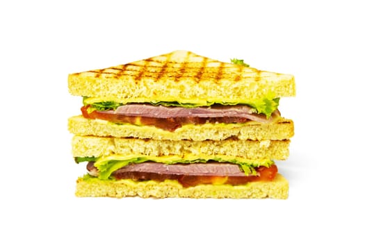 Sandwich with ham, cheese, tomatoes, lettuce, and toasted bread. Front view isolated on white background.