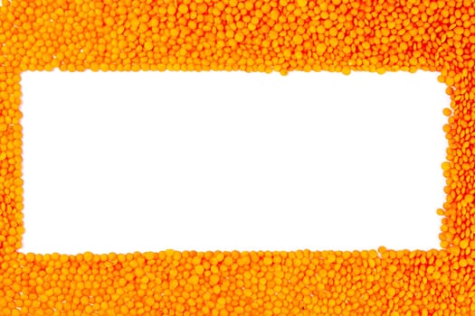 Red lentils on a white background. Top views with clear space