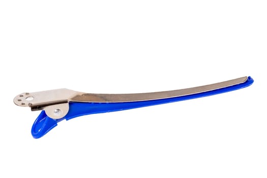 Hairdresser tools isolated. Close-up of blue hair-pin or hair clip isolated on a white background. Equipment of hair stylist. Macro photograph.