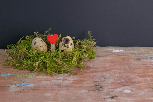 Two quail eggs and a heart between them stand on the green can. Easter concept symbolizing a couple in love. Top views with clear space