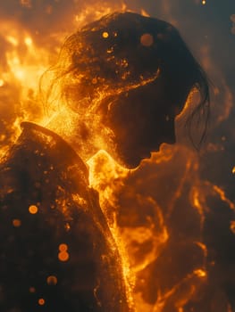 A person, shrouded in fiery particles, appears lost in a fiery landscape. The intense orange glow suggests a dramatic, perhaps apocalyptic, scene.