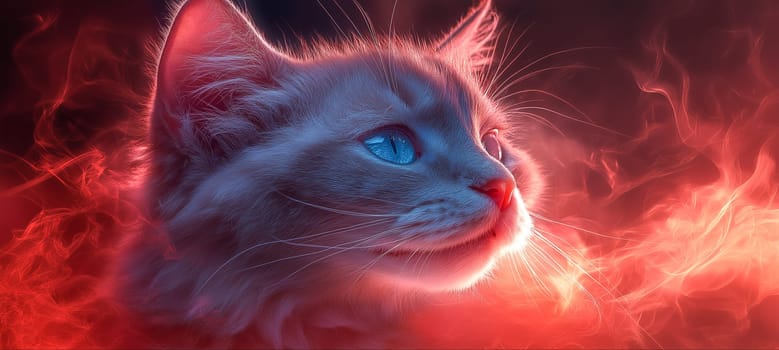 A cat, likely a Ragdoll, with striking blue eyes, gazes into a swirling vortex of red and blue smoke. The vibrant colors and artistic style suggest a fantasy or surreal scene.