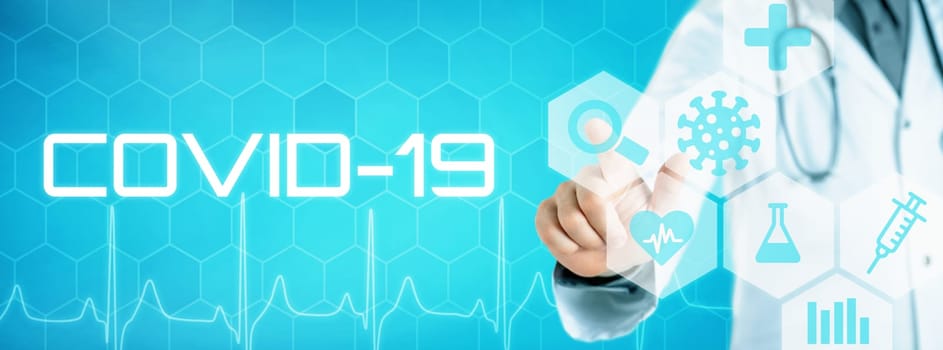 Doctor touching an icon on a futuristic interface - COVID-19