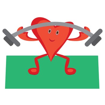 Heart doing Morning cardio exercises lift barbell for a healthy heart concept. Cartoon heart doing morning exercise vector illustration on a white background isolated