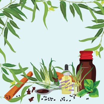 Background with Bottles of medicine syrup and a dropper and an empty space for your text. Remedy homeopathic mixture and medical herbs vector illustration isolated on a white background