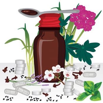 Bottle of homeopathic remedy syrup and medical herbs. Medicine pills and capsules vector illustration isolated on a white background