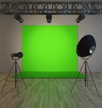 vintage scene under tree spotlight with green screen 3d rendering