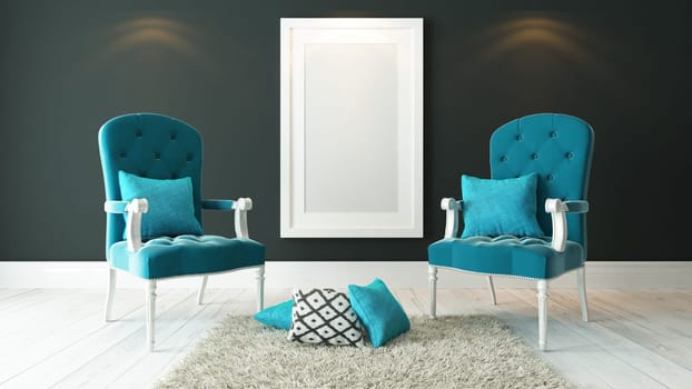 picture frames with blue bergeres and dark gray plaster wall decor, background, template design 3d rendering