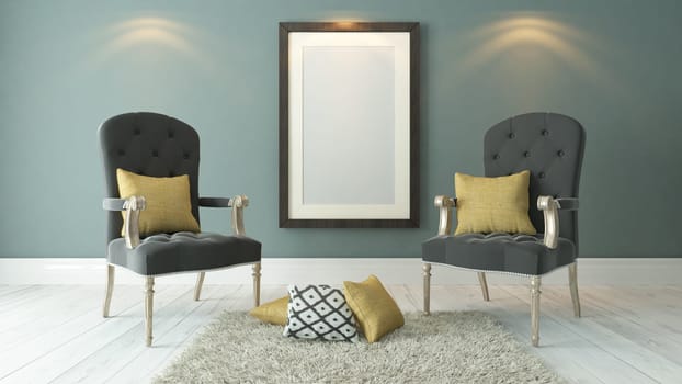 picture frames with dark gray bergeres and light green plaster wall decor, background, template design 3d rendering