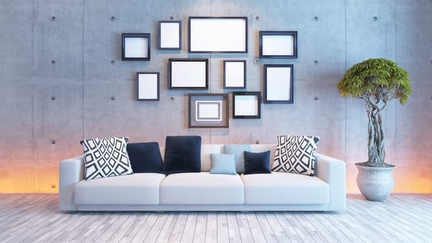 living room or saloon interior design with under light wall and picture frames 3d rendering