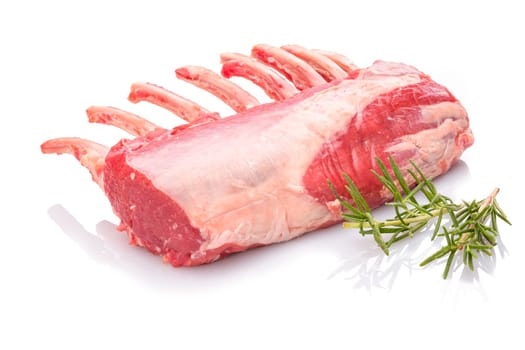 Lammkotellet Lammrücken mit Knochen und Rosmarin weiß freigestellt
