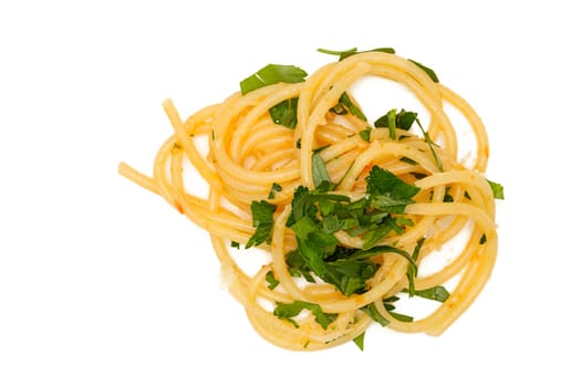 Spaghetti with parmesan cheese in top view white isolated