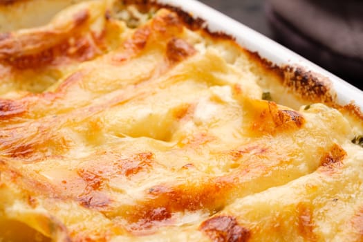 Close-up Canelloni with farmers cheese gratinated and filled