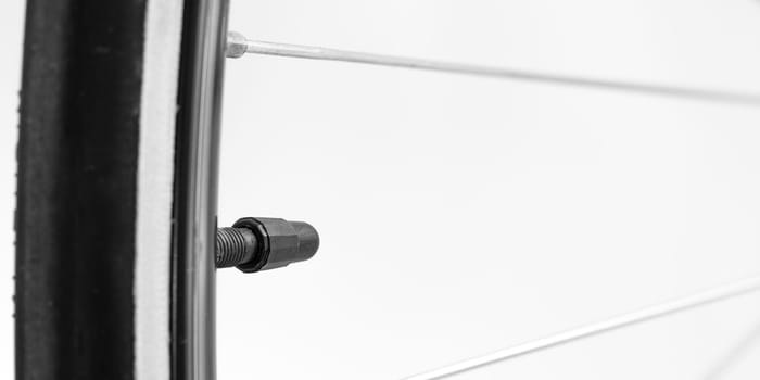 Valve with cap at a biycicle rim with wheel and spoke