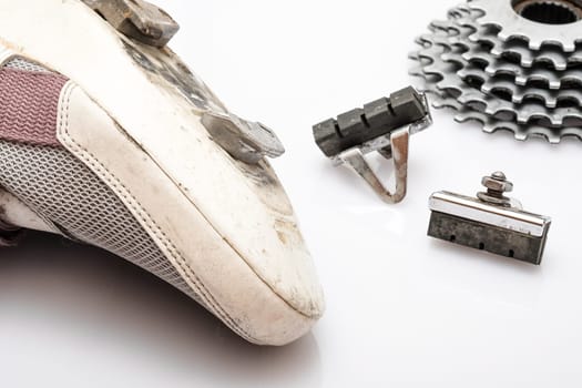Vintage bike shoe brake rubber and sprocket of racing biycicle