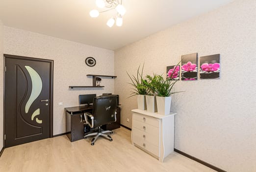 Russia, Moscow- December 05, 2019: interior room apartment modern bright cozy atmosphere. general cleaning, home decoration, preparation of house for sale