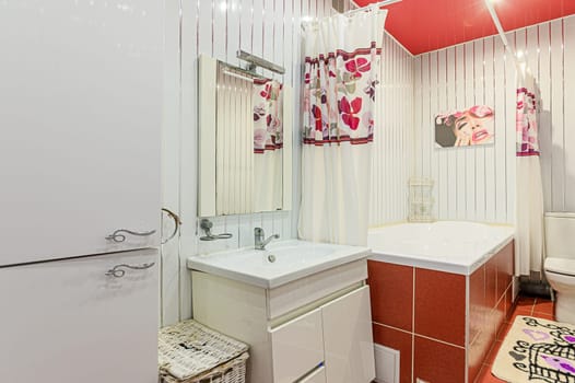 Russia, Moscow- December 05, 2019: interior room apartment modern bright cozy atmosphere. general cleaning, home decoration, bathroom, sink, decoration elements, toilet