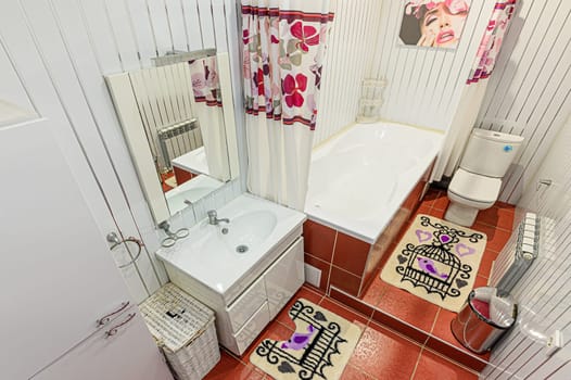 Russia, Moscow- December 05, 2019: interior room apartment modern bright cozy atmosphere. general cleaning, home decoration, bathroom, sink, decoration elements, toilet