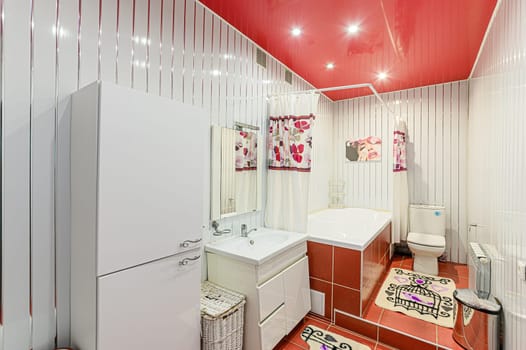 Russia, Moscow- December 05, 2019: interior room apartment modern bright cozy atmosphere. general cleaning, home decoration, bathroom, sink, decoration elements, toilet