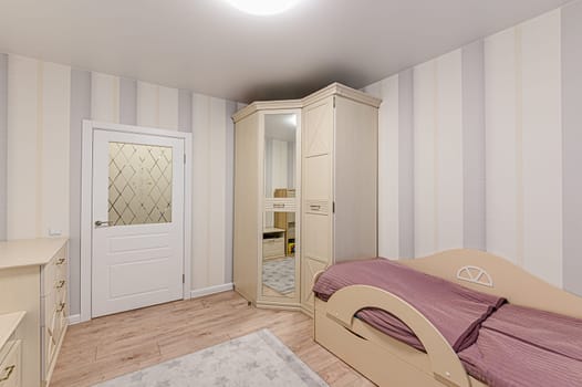 Russia, Moscow- December 05, 2019: interior room apartment modern bright cozy atmosphere. general cleaning, home decoration, preparation of house for sale
