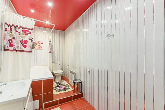 Russia, Moscow- December 05, 2019: interior room apartment modern bright cozy atmosphere. general cleaning, home decoration, bathroom, sink, decoration elements, toilet
