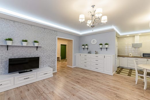 Russia, Moscow- December 05, 2019: interior room apartment modern bright cozy atmosphere. general cleaning, home decoration, preparation of house for sale