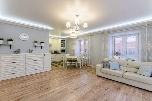 Russia, Moscow- December 05, 2019: interior room apartment modern bright cozy atmosphere. general cleaning, home decoration, preparation of house for sale