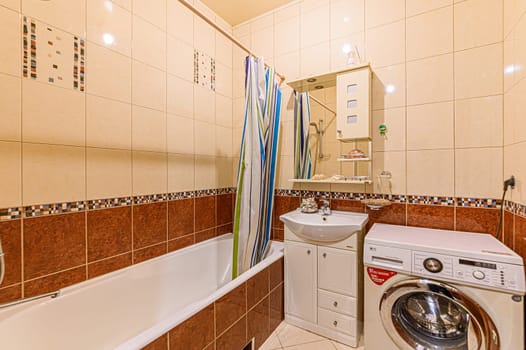 Russia, Moscow- December 05, 2019: interior room apartment modern bright cozy atmosphere. general cleaning, home decoration, preparation of house for sale. bathroom, sink, decoration elements, toilet.