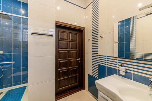 Russia, Moscow- December 05, 2019: interior room apartment modern bright cozy atmosphere. general cleaning, modern bathroom, sink, decoration elements, toilet