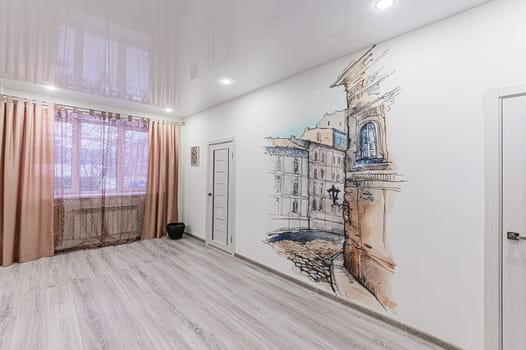 Russia, Moscow- December 05, 2019: interior room apartment modern bright cozy atmosphere. general cleaning, home decoration, preparation of house for sale