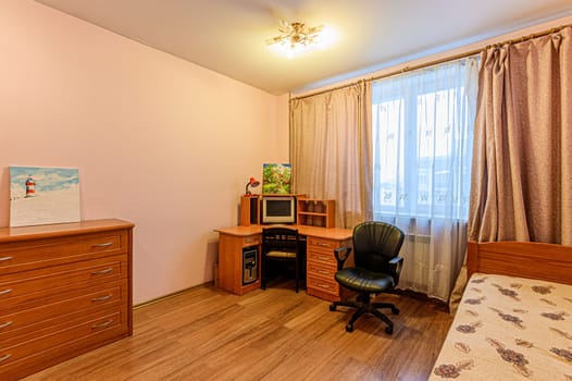 Russia, Moscow- December 05, 2019: interior room apartment modern bright cozy atmosphere. general cleaning, home decoration, preparation of house for sale