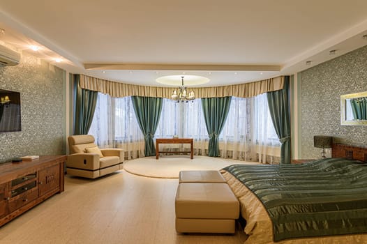 Russia, Moscow- December 05, 2019: interior room apartment modern bright cozy atmosphere. general cleaning, home decoration, preparation of house for sale. bedroom with bed