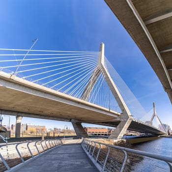 Boston Zakim bridge over Charles river around Boston bay harbor at Boston downtown MA USA. Boston is the capital and most populous cityof the Commonwealth of Massachusetts in the United States