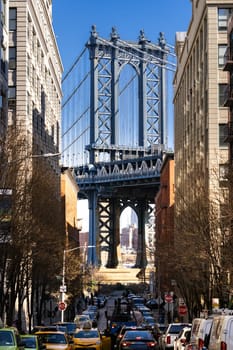 Down Under the Manhattan Bridge Overpass - DUMBO Point from brooklyn New york city NY USA. This is the neighborhood landmark located between manhattan and brookltn bridge in New York City USA.