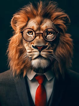 A lion, wearing glasses and a suit, likely a metaphor for a powerful, intelligent leader.