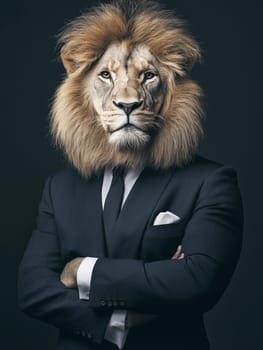 A man in a suit, arms crossed, has a lion's head. Powerful, confident, perhaps a leader.