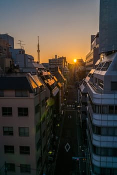 Tokyo Skytree with skyline building sunrise Ueno Japan
