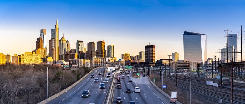 Panorama aerial view of Philadelphia Skylines building sunset in Philly city PA USA