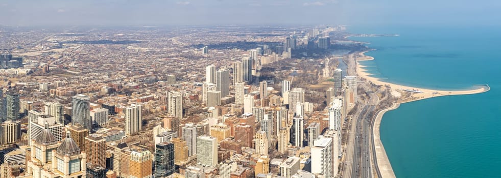 Panorama aerial view of Chicago downtown Cityscape skylines and skyscrapers office building with Lake Michigan in Chicago city Illinois USA.