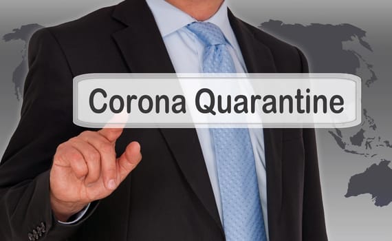Business man with touchscreen button, corona quarantine