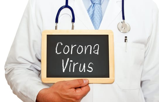 Medical doctor holding chalkboard with text on white background, coronavirus infection, covid-19 disease