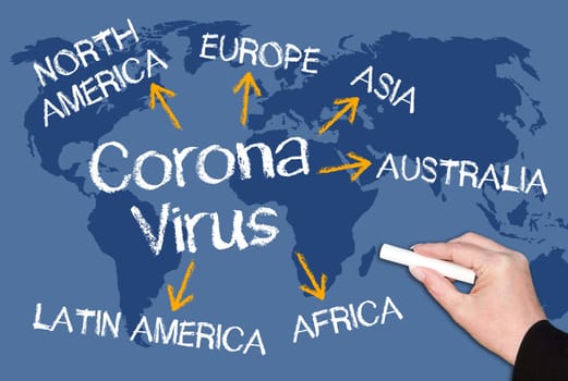 Coronavirus concept on blue world map background, global viral disease, pandemic outbreak