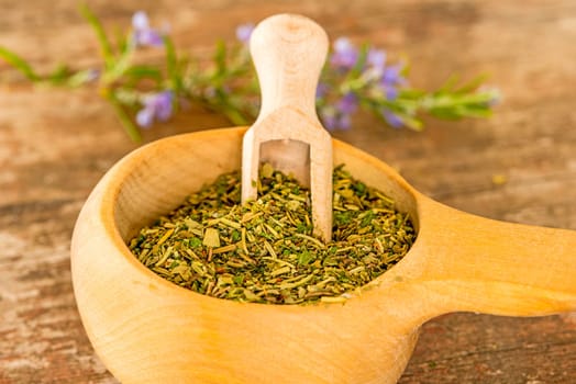 Herbs of Provence in a wooden bowl
