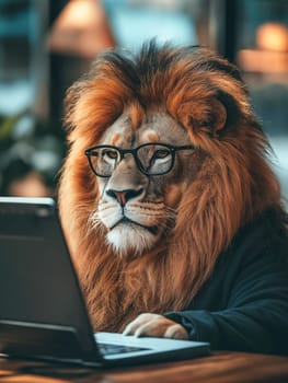 A lion, wearing glasses, works on a laptop. The animal is likely a digital artist or programmer.