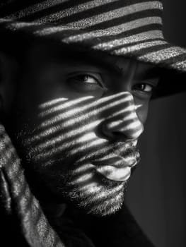 Close-up of a man, possibly a model, with a thoughtful expression. Striking shadows create a dramatic effect. The lighting highlights facial features.
