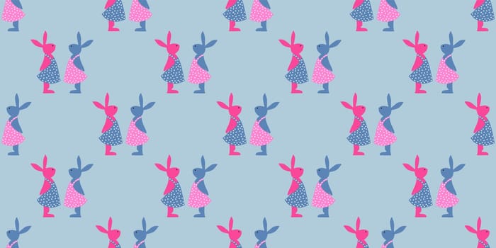 Easter background. Bright seamless pattern. Easter bunnies. Blue and pink.