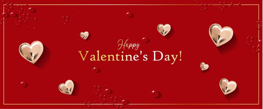 Happy Valentine's Day. Gold inscription on a red background. Metallic hearts. Horizontal banner in a minimalistic style. Lovers. The 14th of February. Greeting card. Vector illustration eps10