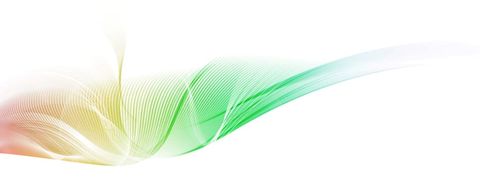 Abstract rainbow colored motion lines and wave shapes on white background. Shifting line tones, hues and shades. Contrasting blurred color values.