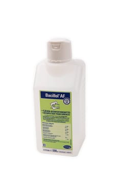 WETZLAR, GERMANY -2020-03-18, Product Photo of bottle disinfecting Bacillol isolated over white.