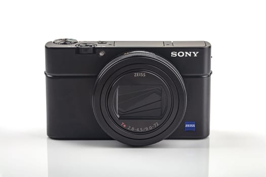 HUETTENBERG, GERMANY_ 06_APRIL_2020: SONY RX 100 VI is the premium compact camera from SONY with a 1.0 inch sensor over bright background
